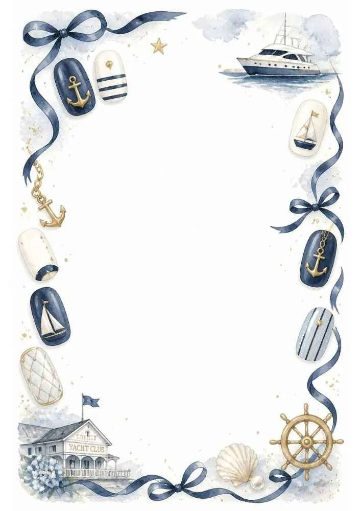 Luxury yacht nail art border with anchors and nautical decorations.