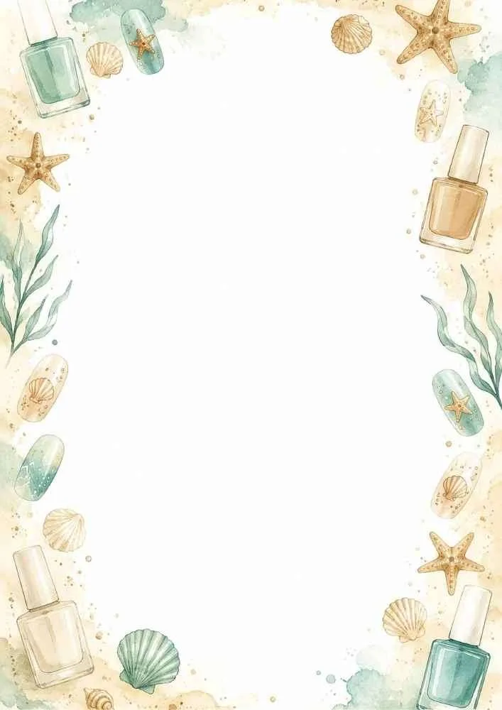 Beach nail art border with seashells, starfish, and pastel manicure designs.