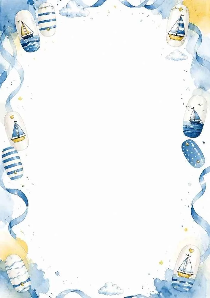 Sailboat nail art border with blue ribbons and nautical manicure designs.