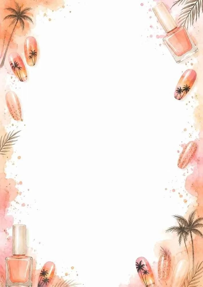 Sunset palm tree nail art border with tropical manicure designs.
