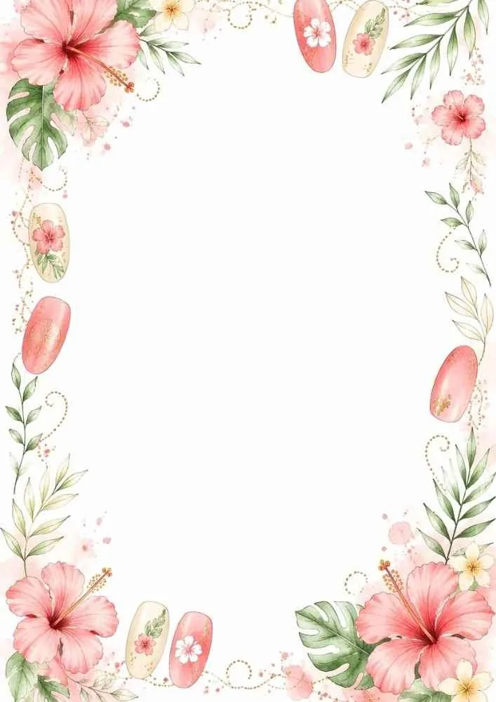 Pink hibiscus floral nail art border with tropical flower designs.