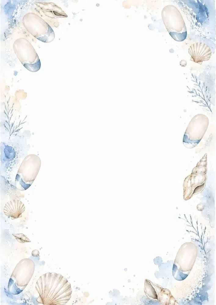 French tip nail border with seashells and coastal watercolor accents.