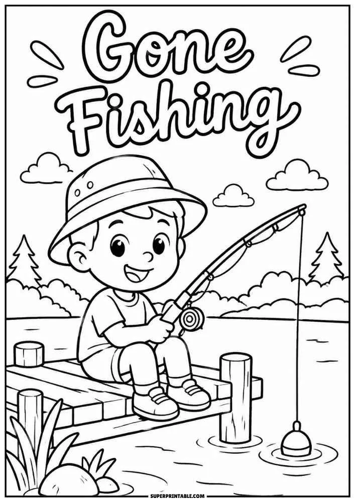 Child fishing from a wooden dock with the words Gone Fishing.