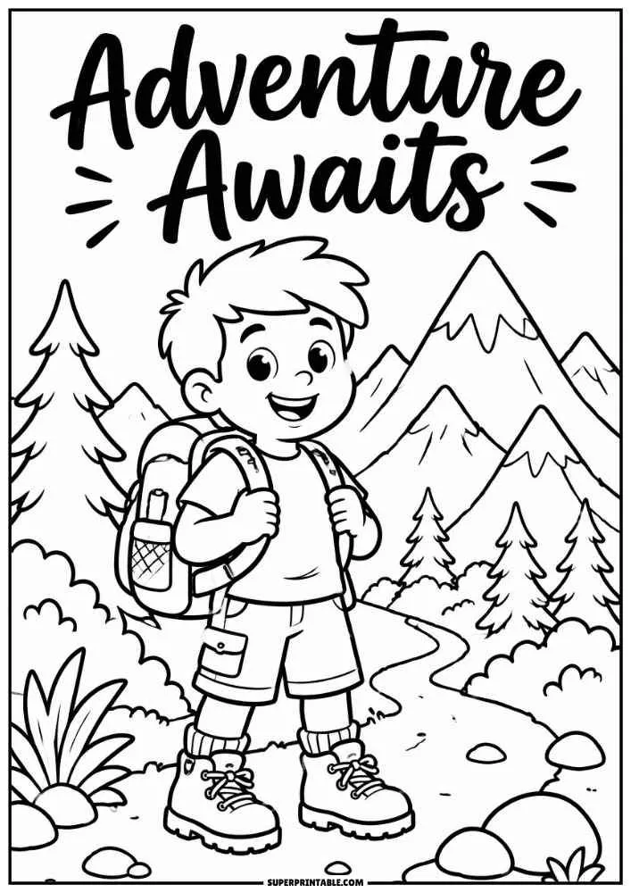 Child hiking with a backpack in the mountains under the words Adventure Awaits.