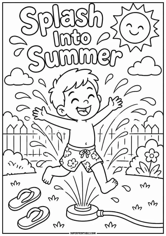 Child running through a garden sprinkler with the words Splash Into Summer.