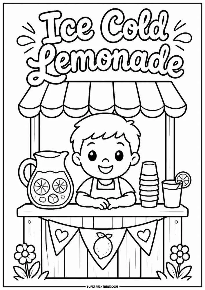 Child at a lemonade stand with cups, pitcher, and the words Ice Cold Lemonade.
