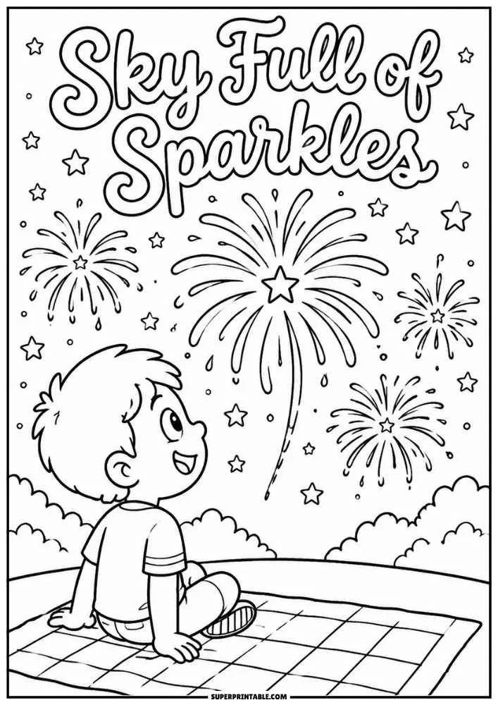 Child watching fireworks with stars and the words Sky Full of Sparkles.