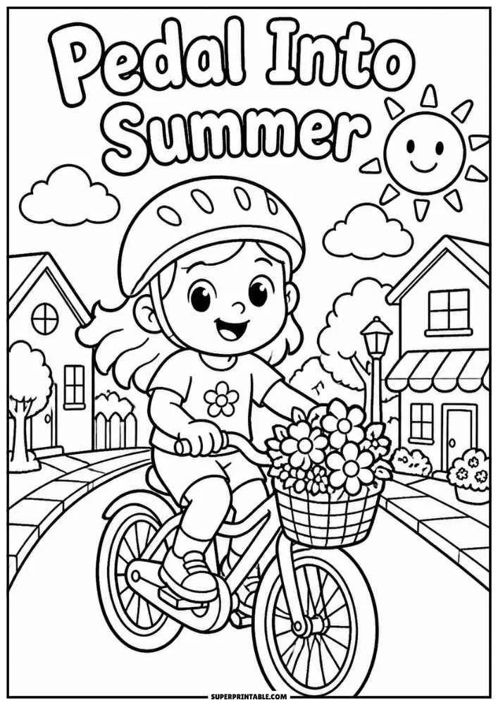 Child riding a bicycle with flowers and the words Pedal Into Summer.