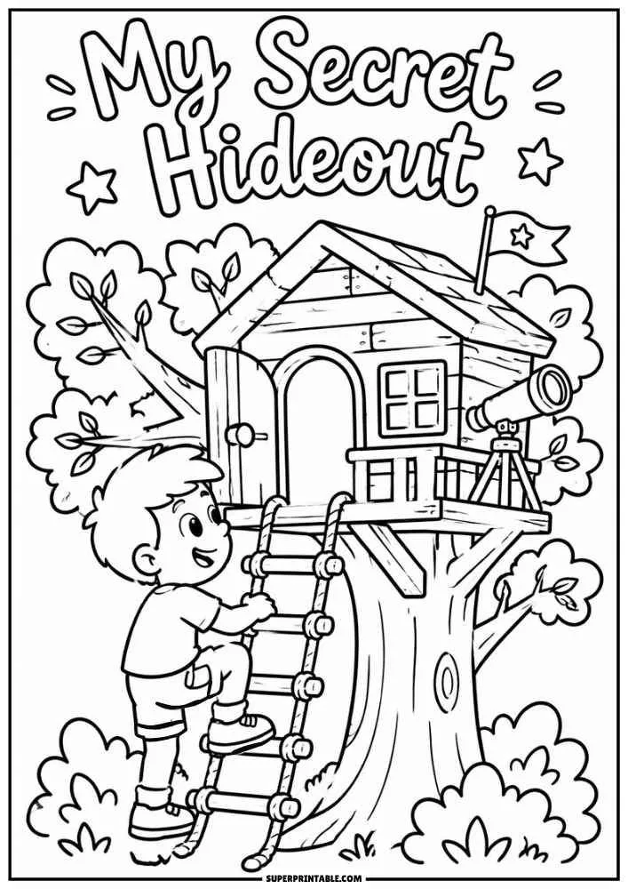 Child climbing into a treehouse with a telescope and the words My Secret Hideout.