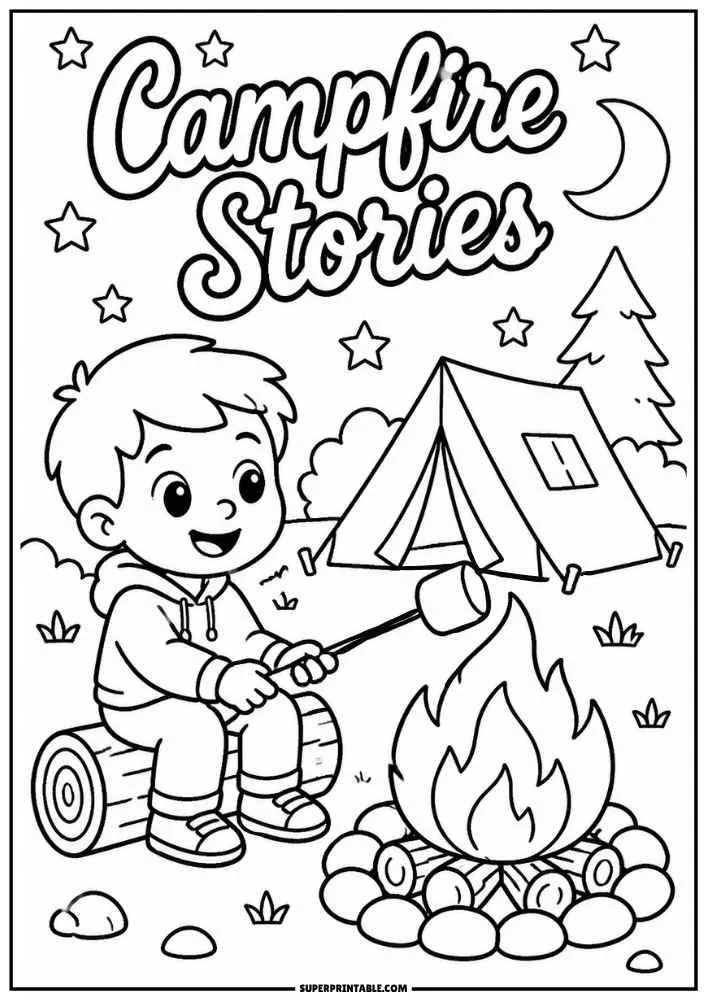 Child roasting a marshmallow by a campfire with a tent and the words Campfire Stories.