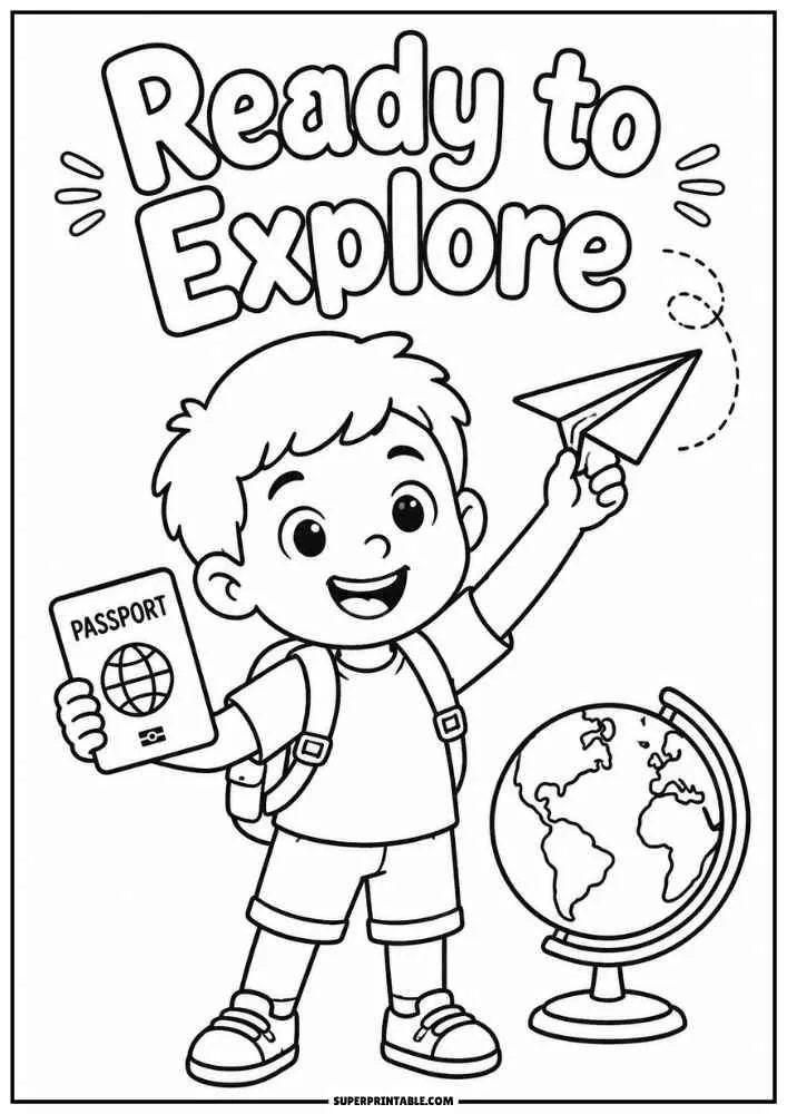 Child with a passport, paper airplane, globe, and the words Ready to Explore.
