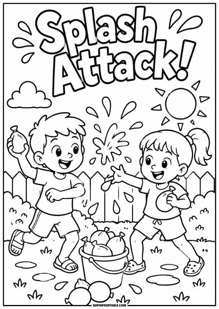 Two children playing with water balloons under the words Splash Attack.
