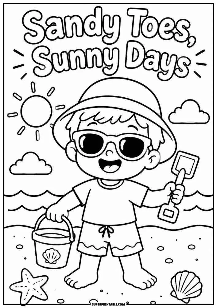 Child wearing sunglasses at the beach with a bucket, shovel, shells, and the words Sandy Toes Sunny Days.