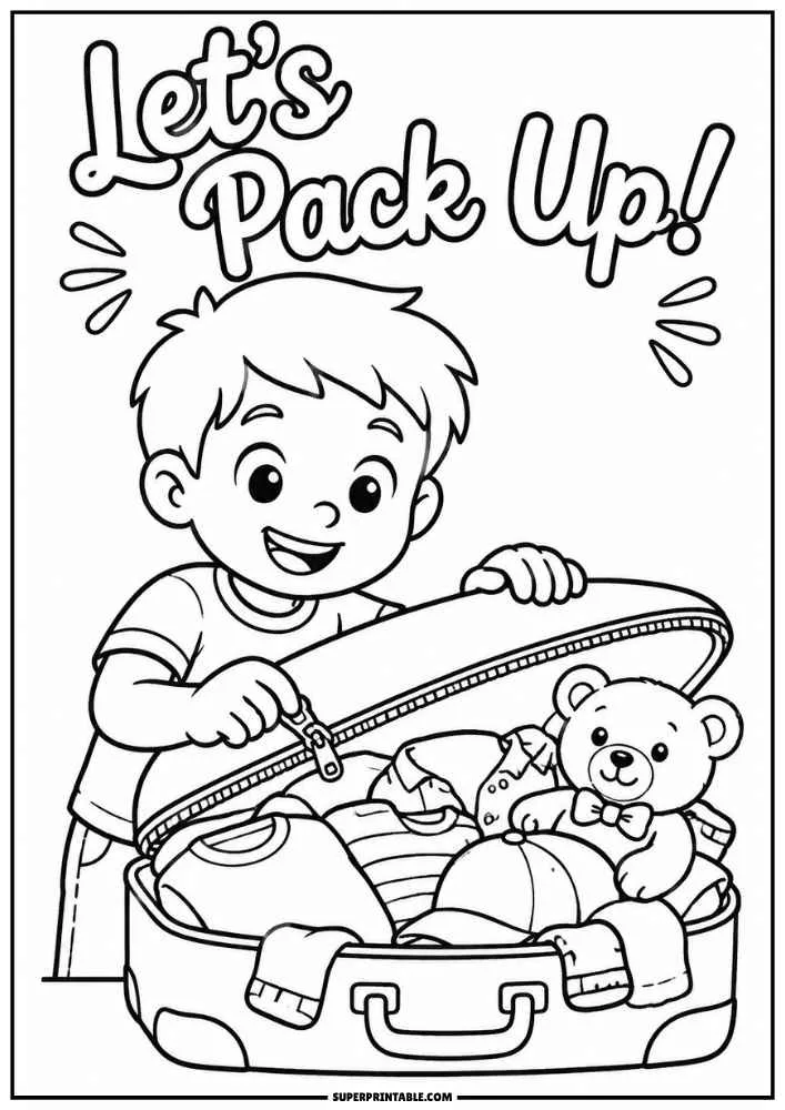 Child packing a suitcase with clothes, teddy bear, and toys under the words Let's Pack Up.