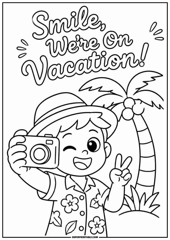 Child taking a selfie near a palm tree with the words Smile, We're On Vacation.