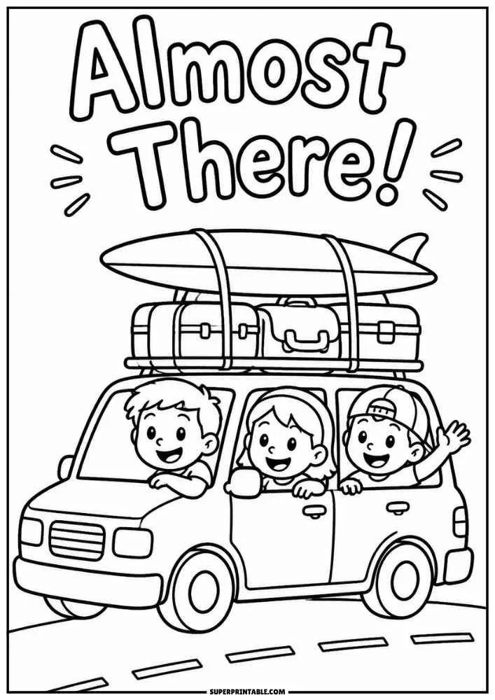 Family riding in a car with roof luggage and the words Almost There.