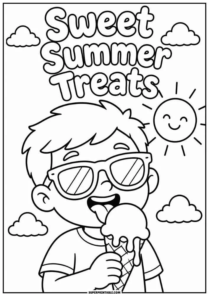 Child eating an ice cream under the words Sweet Summer Treats with a smiling sun.