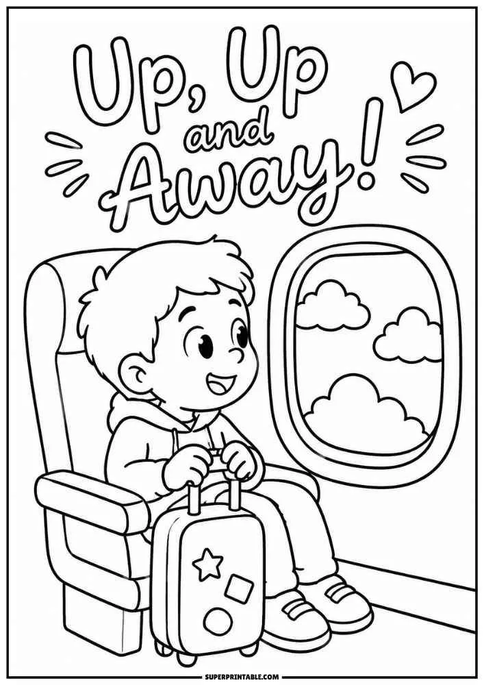 Child on an airplane with a suitcase and the words Up, Up and Away.