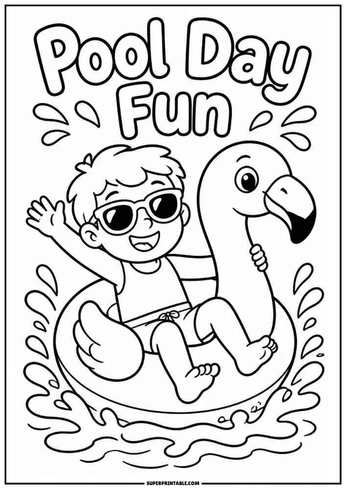 Child on a flamingo pool float with splashing water and the words Pool Day Fun.