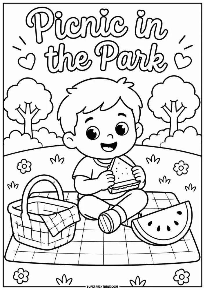 Child eating on a picnic blanket with a basket, watermelon, and the words Picnic in the Park.