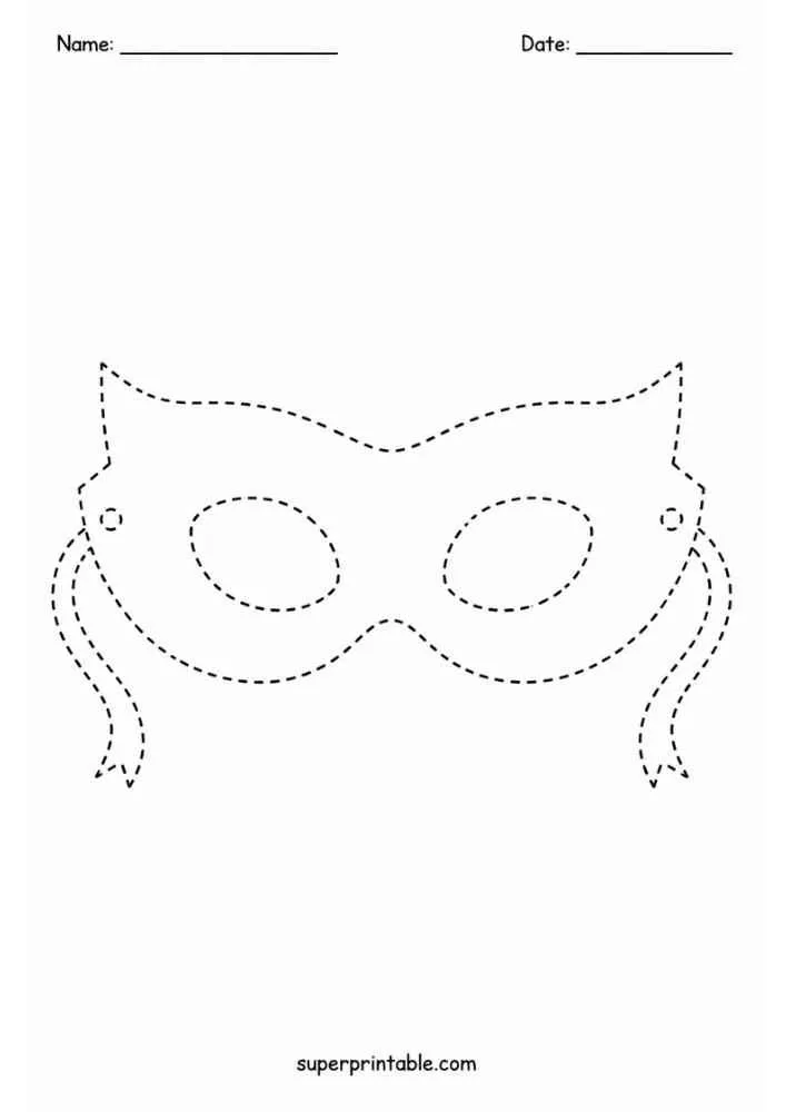 Dashed tracing worksheet with a superhero mask, ribbon ties, Name and Date lines, and website text.