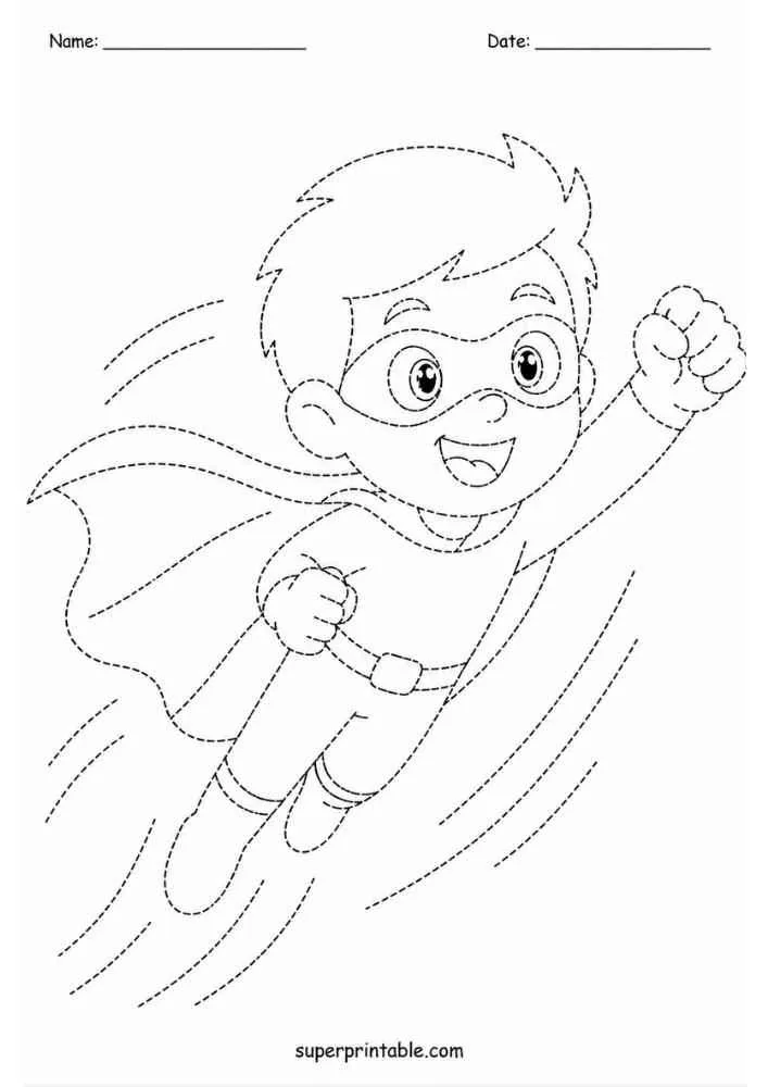 Dashed tracing worksheet with a smiling flying superhero, motion lines, Name and Date lines.