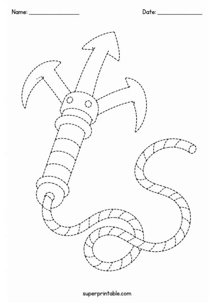 Dashed tracing worksheet with a grappling hook and rope, Name and Date lines.