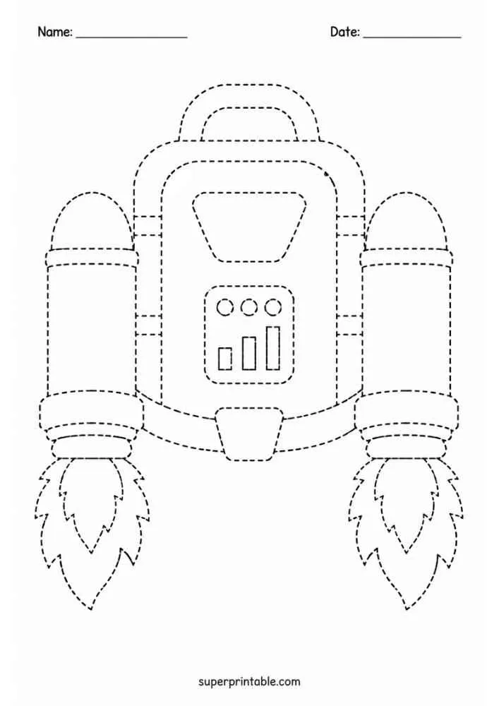 Dashed tracing worksheet with a jetpack, rocket flames, Name and Date lines.