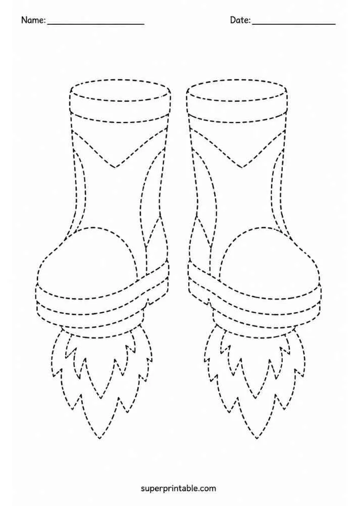 Dashed tracing worksheet with rocket boots, Name and Date lines, and website text.