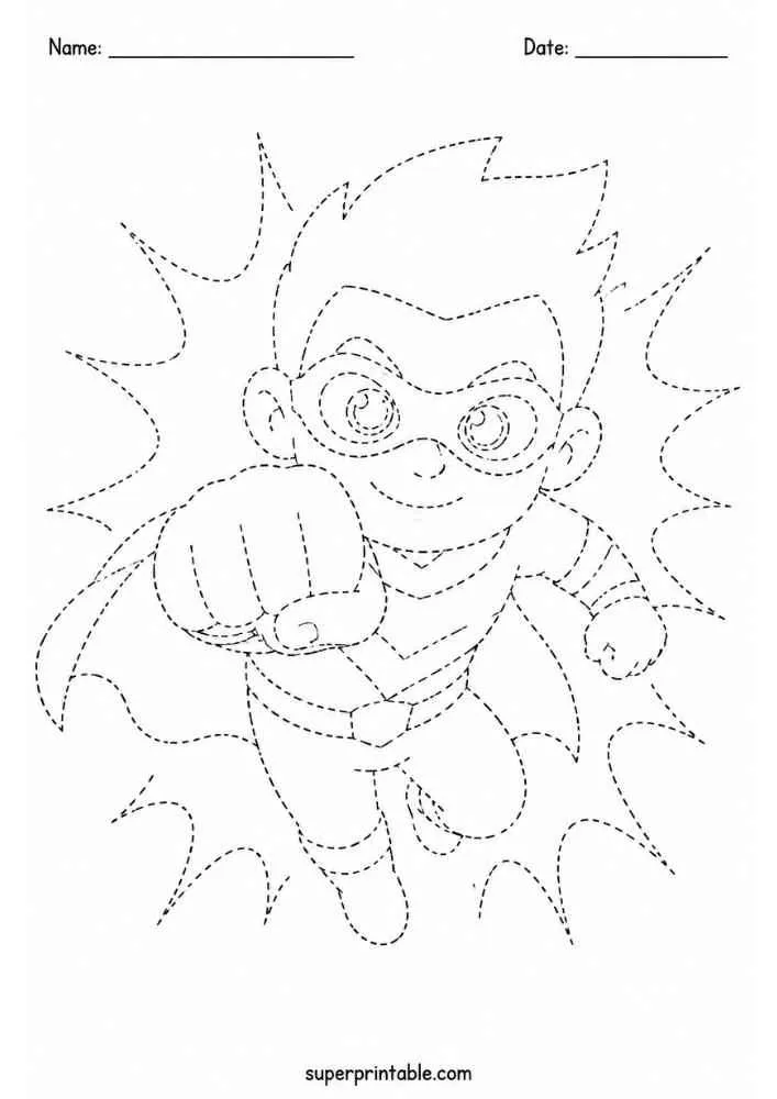 Dashed tracing worksheet with a superhero in an action pose, Name and Date lines.