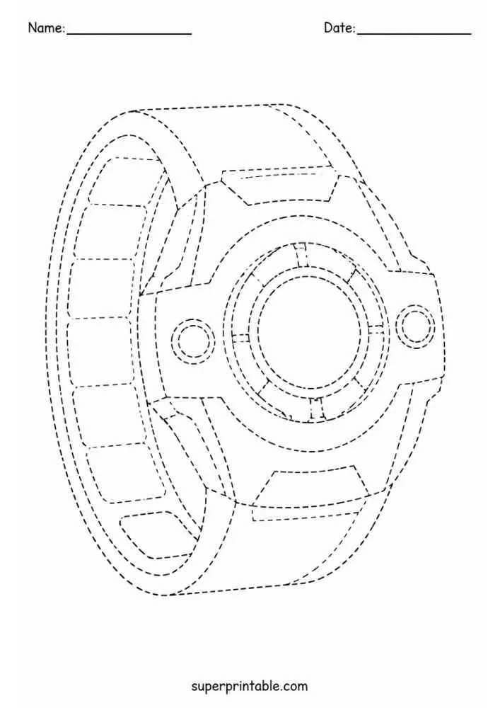 Dashed tracing worksheet with a superhero wrist device, Name and Date lines.
