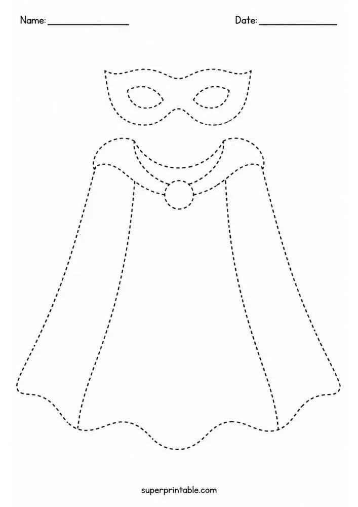 Dashed tracing worksheet with a superhero mask and cape, Name and Date lines.