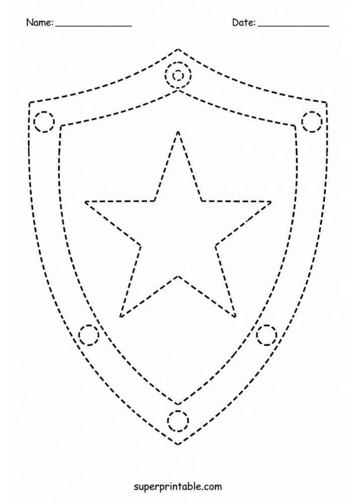 Dashed tracing worksheet with a star shield, Name and Date lines, and website text.
