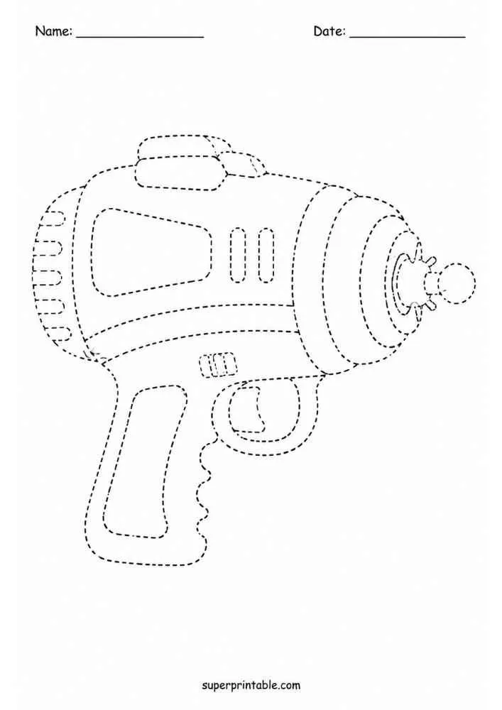 Dashed tracing worksheet with a toy ray blaster, Name and Date lines.