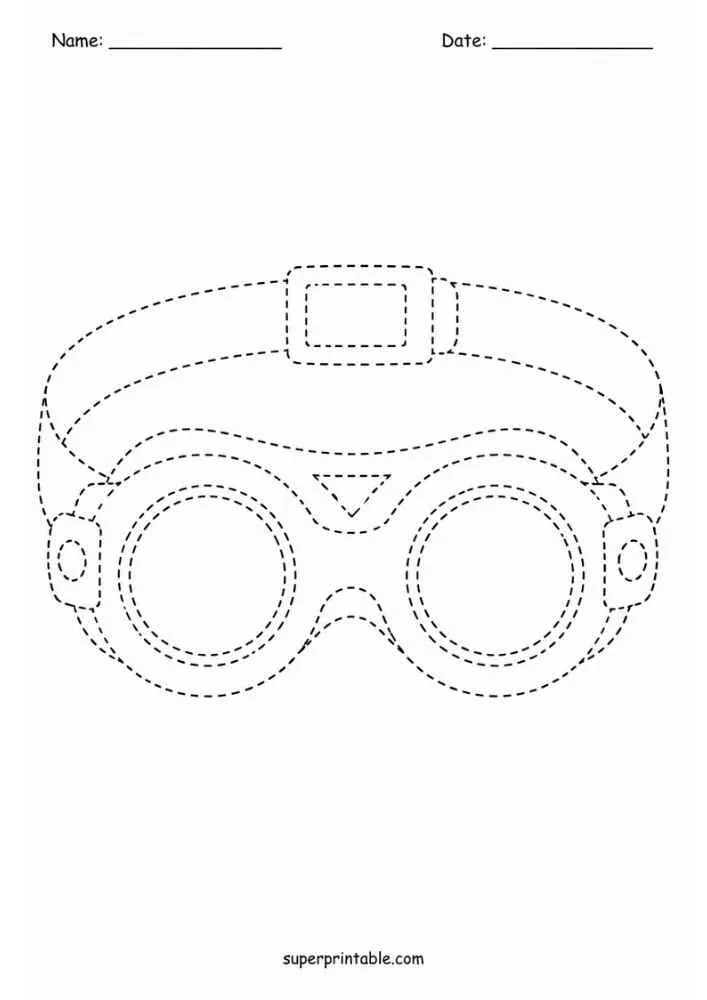 Dashed tracing worksheet with superhero goggles, Name and Date lines, and website text.