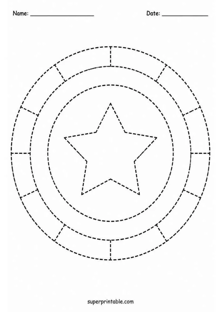Dashed tracing worksheet with a round star shield, Name and Date lines, and website text.