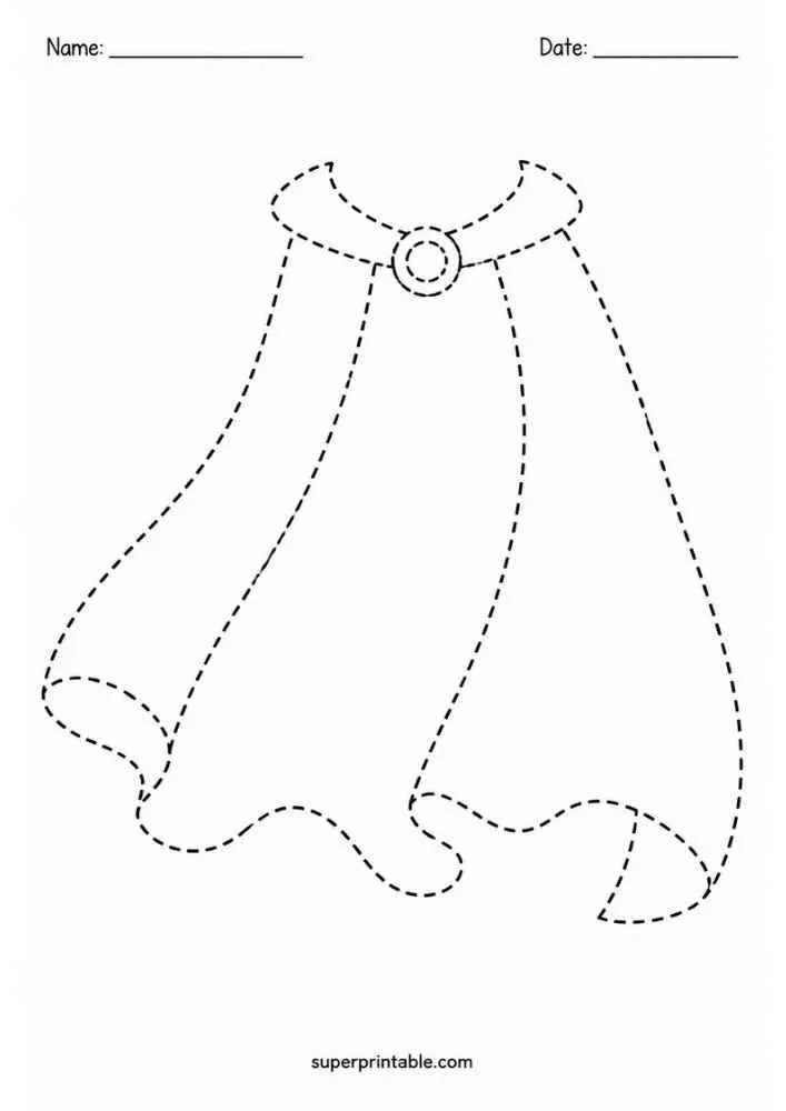 Dashed tracing worksheet with a flowing superhero cape, Name and Date lines.