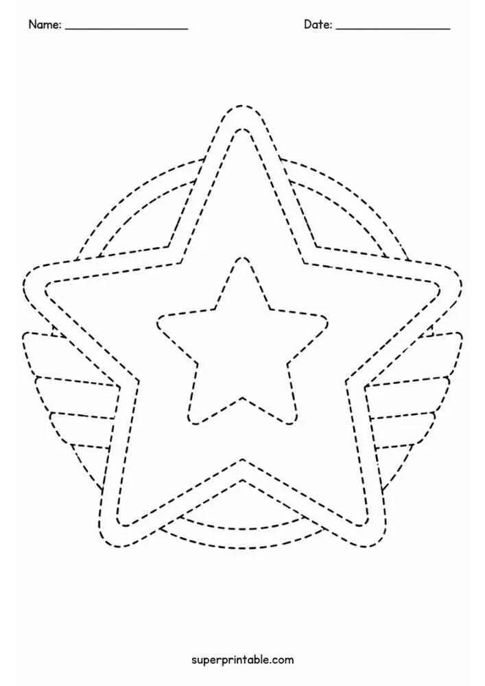 Dashed tracing worksheet with a winged star badge, Name and Date lines, and website text.