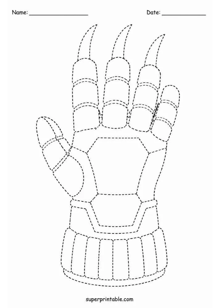 Dashed tracing worksheet with a clawed superhero glove, Name and Date lines, and website text.