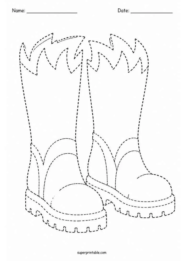 Dashed tracing worksheet with furry superhero boots, Name and Date lines, and website text.