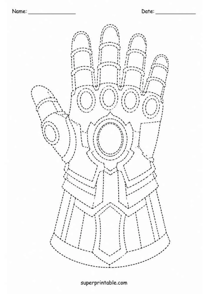 Dashed tracing worksheet with a power gauntlet, Name and Date lines, and website text.