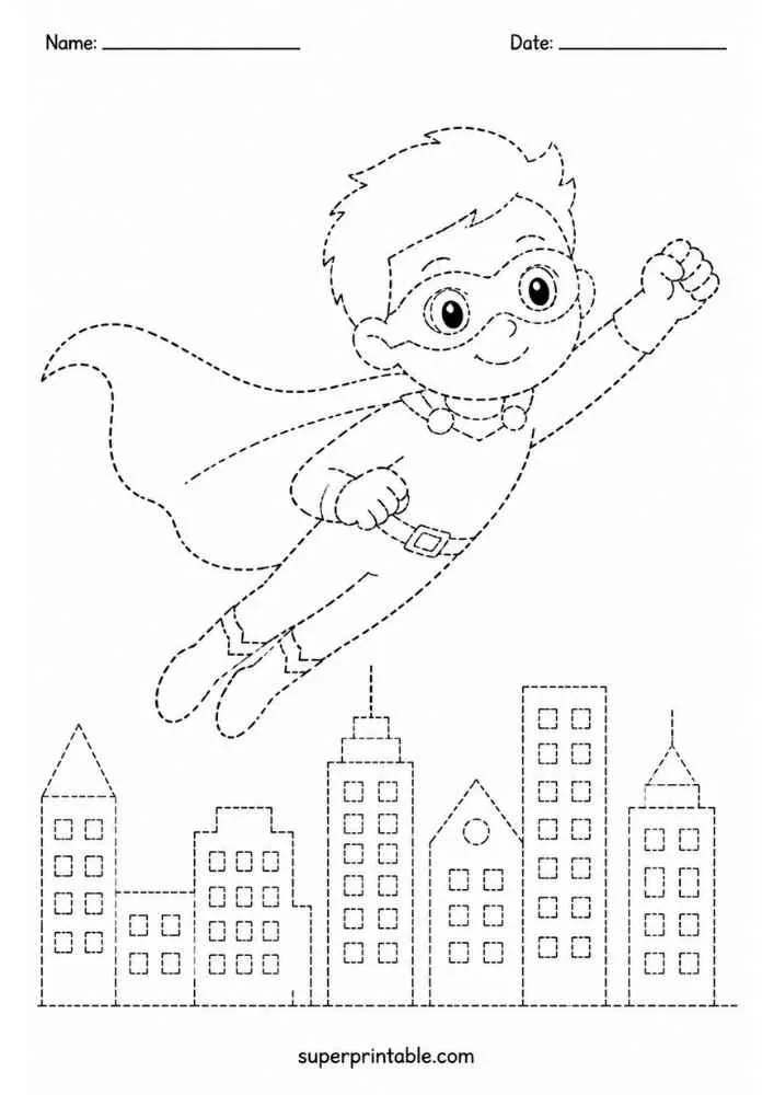 Dashed tracing worksheet with a flying superhero above buildings, Name and Date lines.