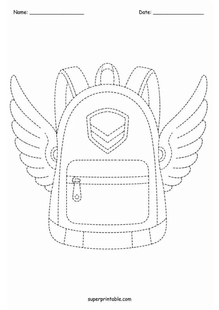 Dashed tracing worksheet with a winged backpack, Name and Date lines, and website text.