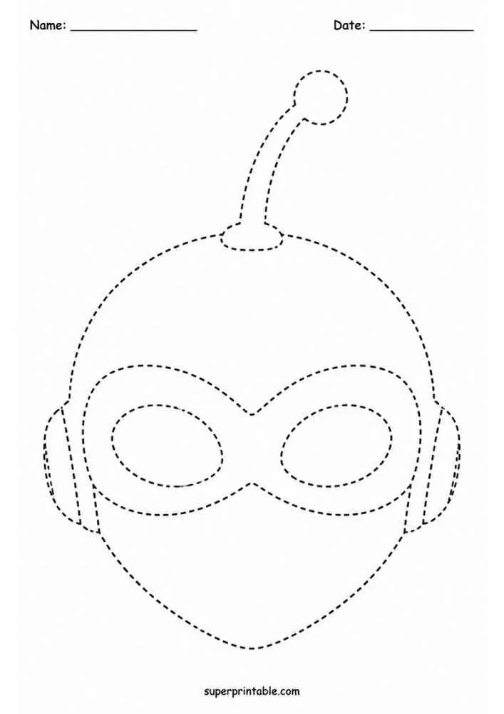 Dashed tracing worksheet with a superhero helmet mask, Name and Date lines.