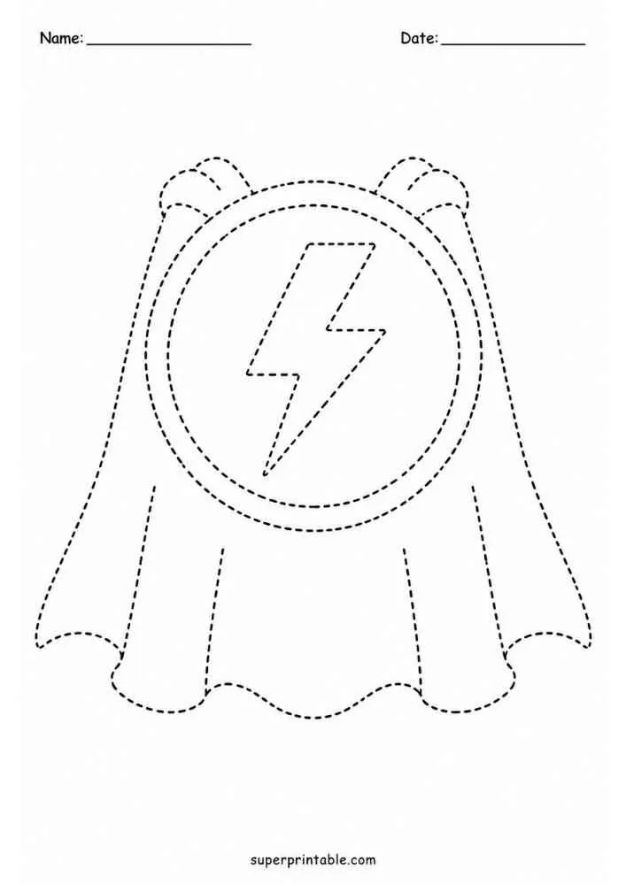 Dashed tracing worksheet with a lightning emblem on a superhero cape, Name and Date lines.