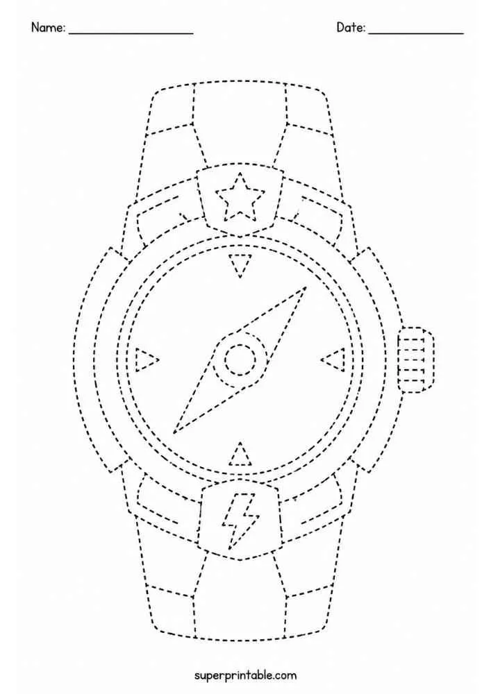 Dashed tracing worksheet with a superhero wristwatch, Name and Date lines.