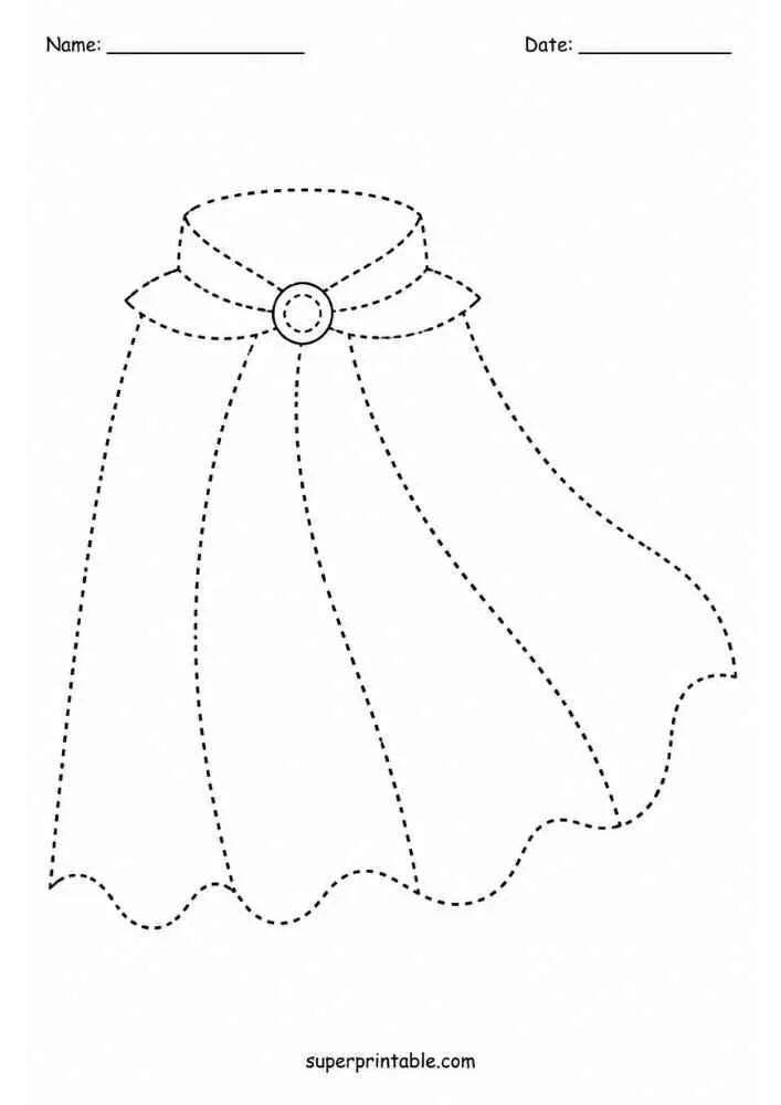 Dashed tracing worksheet with a superhero cape, Name and Date lines, and website text.