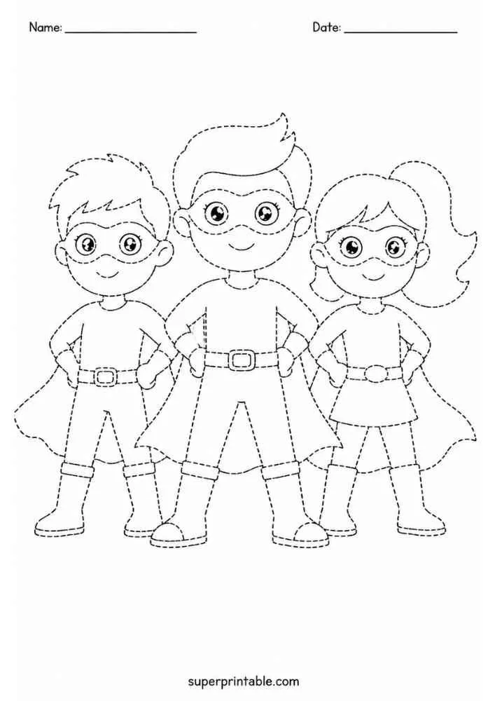 Dashed tracing worksheet with three superheroes, Name and Date lines, and website text.