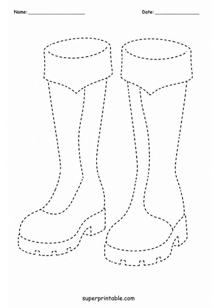 Dashed tracing worksheet with two superhero boots, Name and Date lines, and website text.