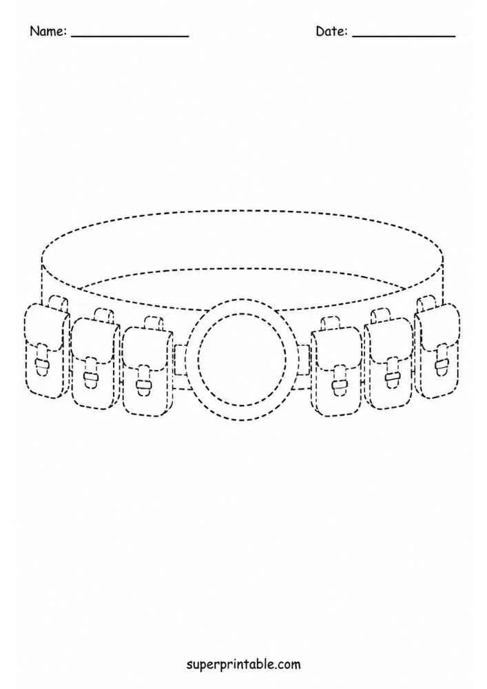 Dashed tracing worksheet with a superhero utility belt, Name and Date lines, and website text.
